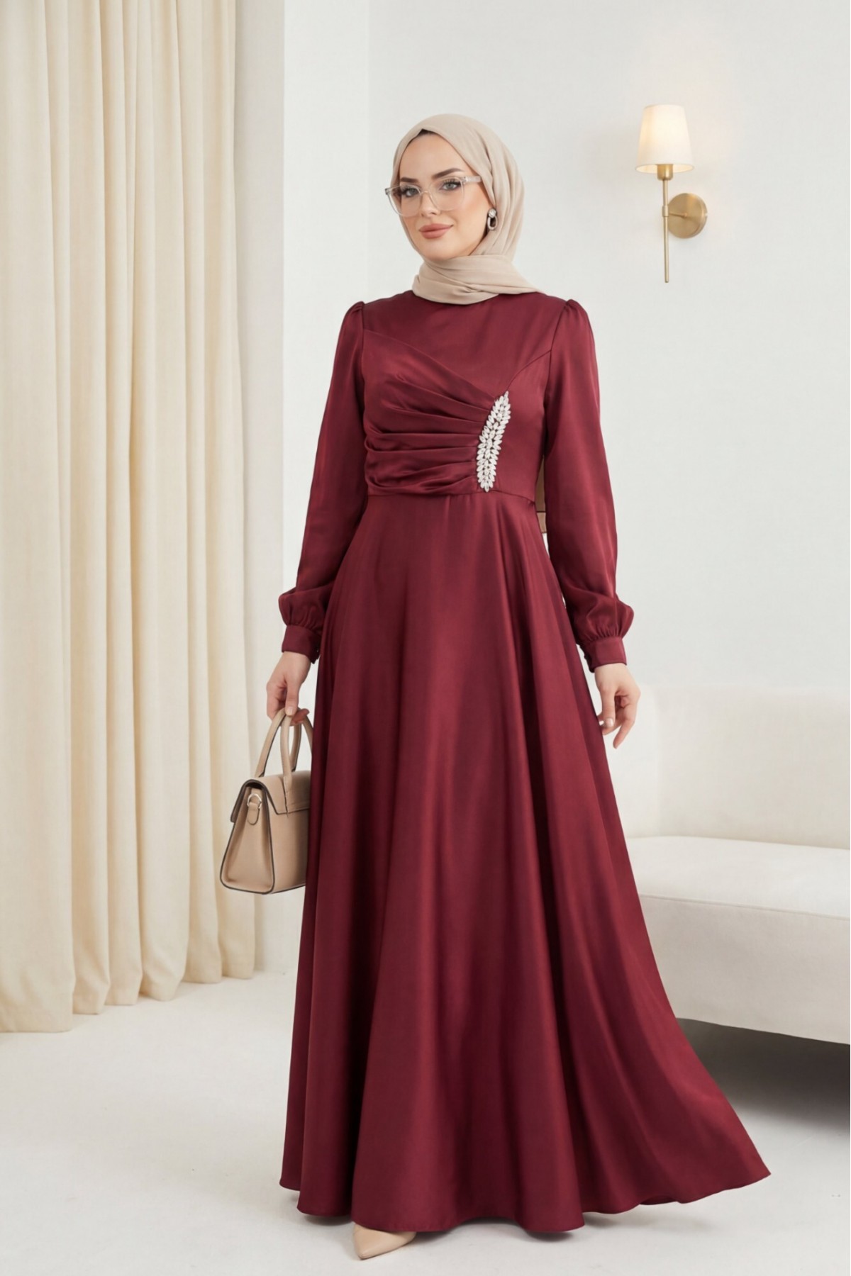 Satin Dress with Draped Front and Stone Embellishments -Maroon
