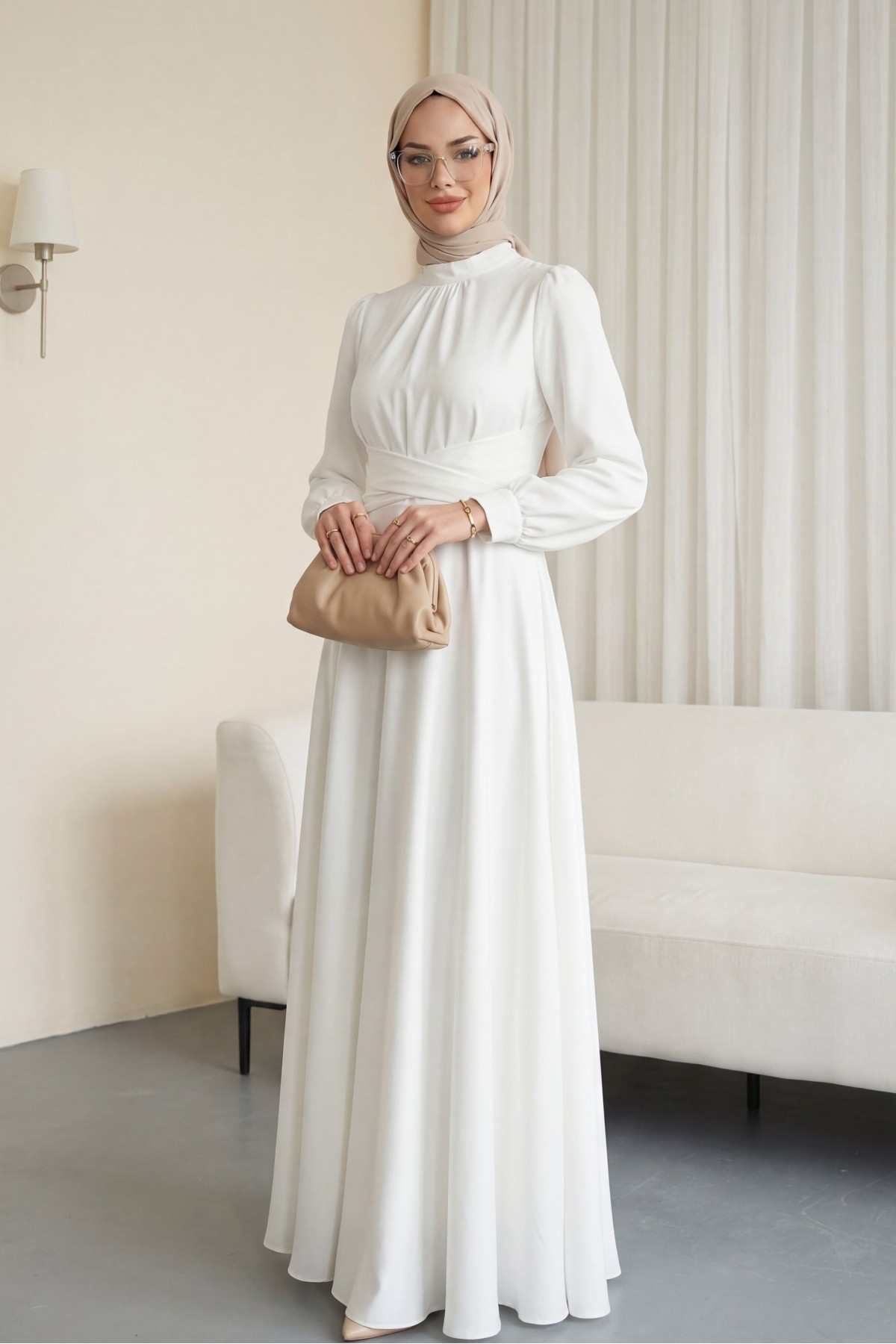 Round Neck Satin Dress with Cross-Waist Tie -White
