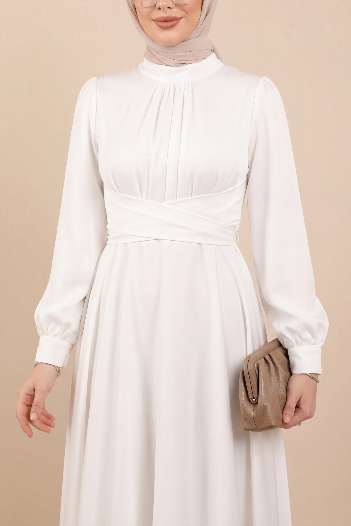 Round Neck Satin Dress with Cross-Waist Tie -White
