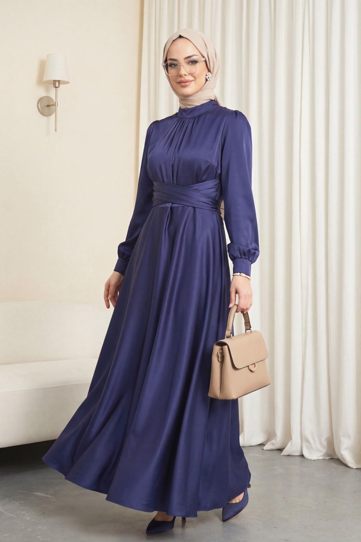 Round Neck Satin Dress with Cross-Waist Tie -Navy blue