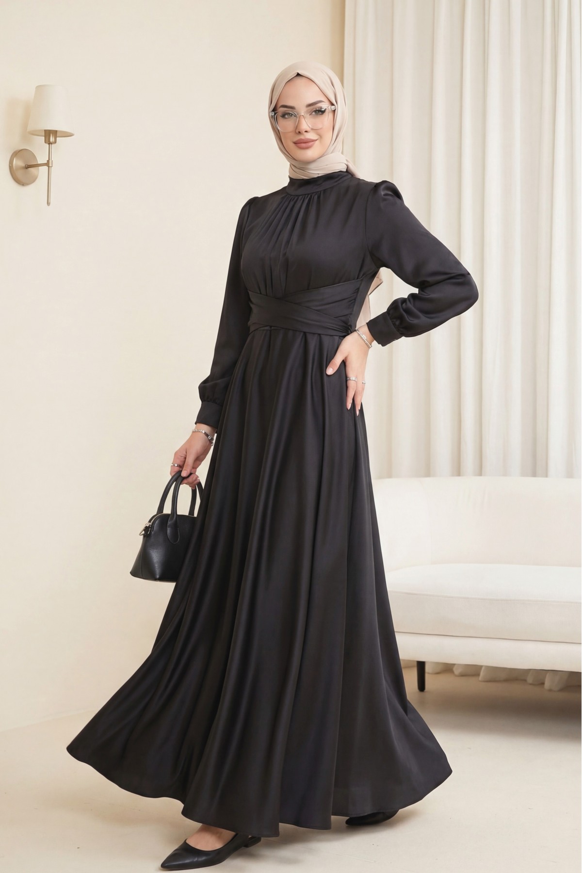 Round Neck Satin Dress with Cross-Waist Tie -Black