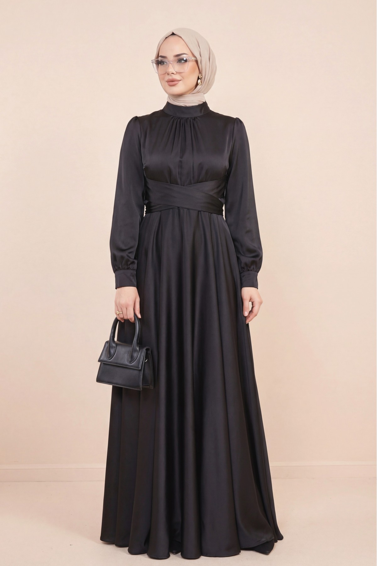 Round Neck Satin Dress with Cross-Waist Tie -Black