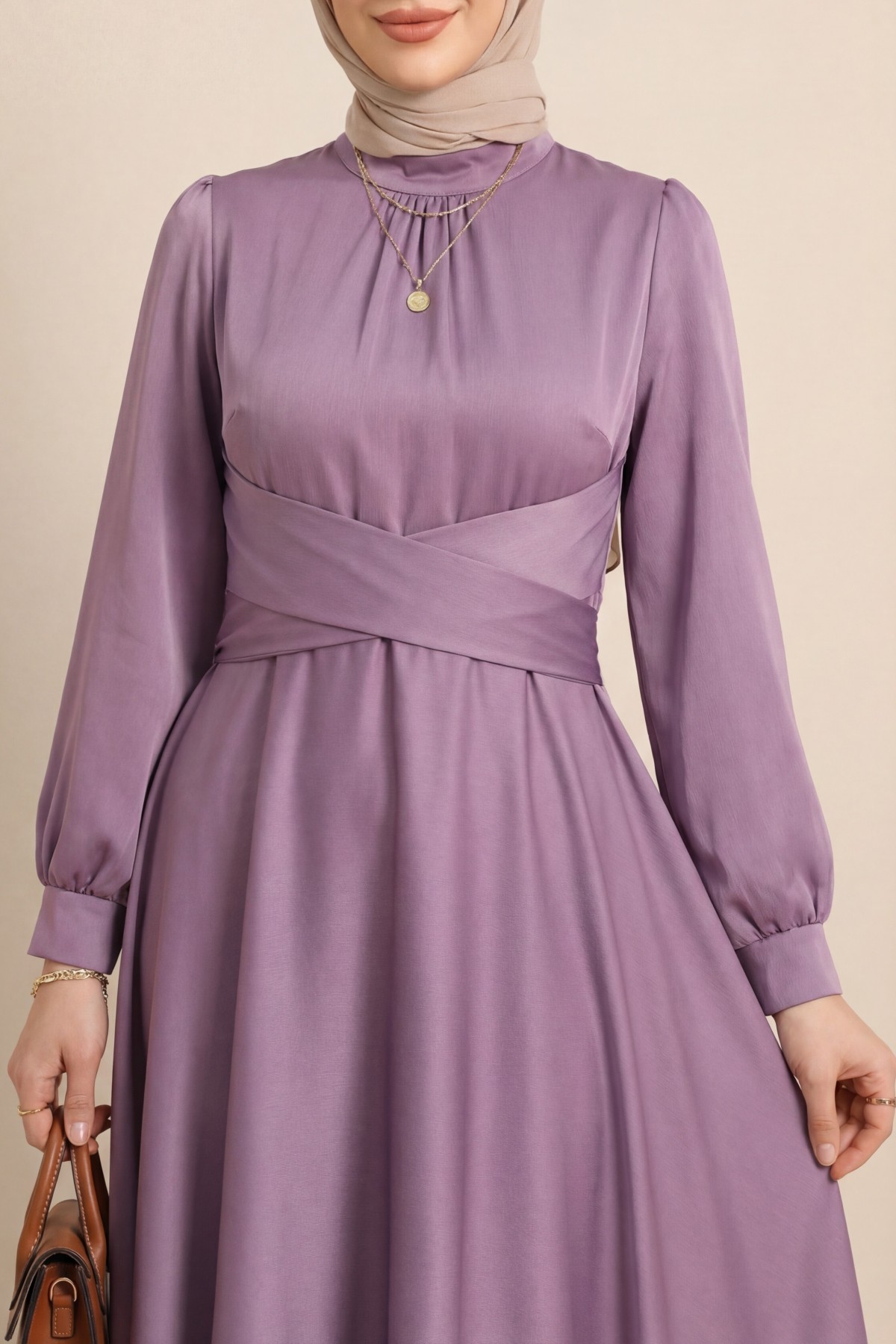 Round Neck Satin Dress with Cross -Dried rose