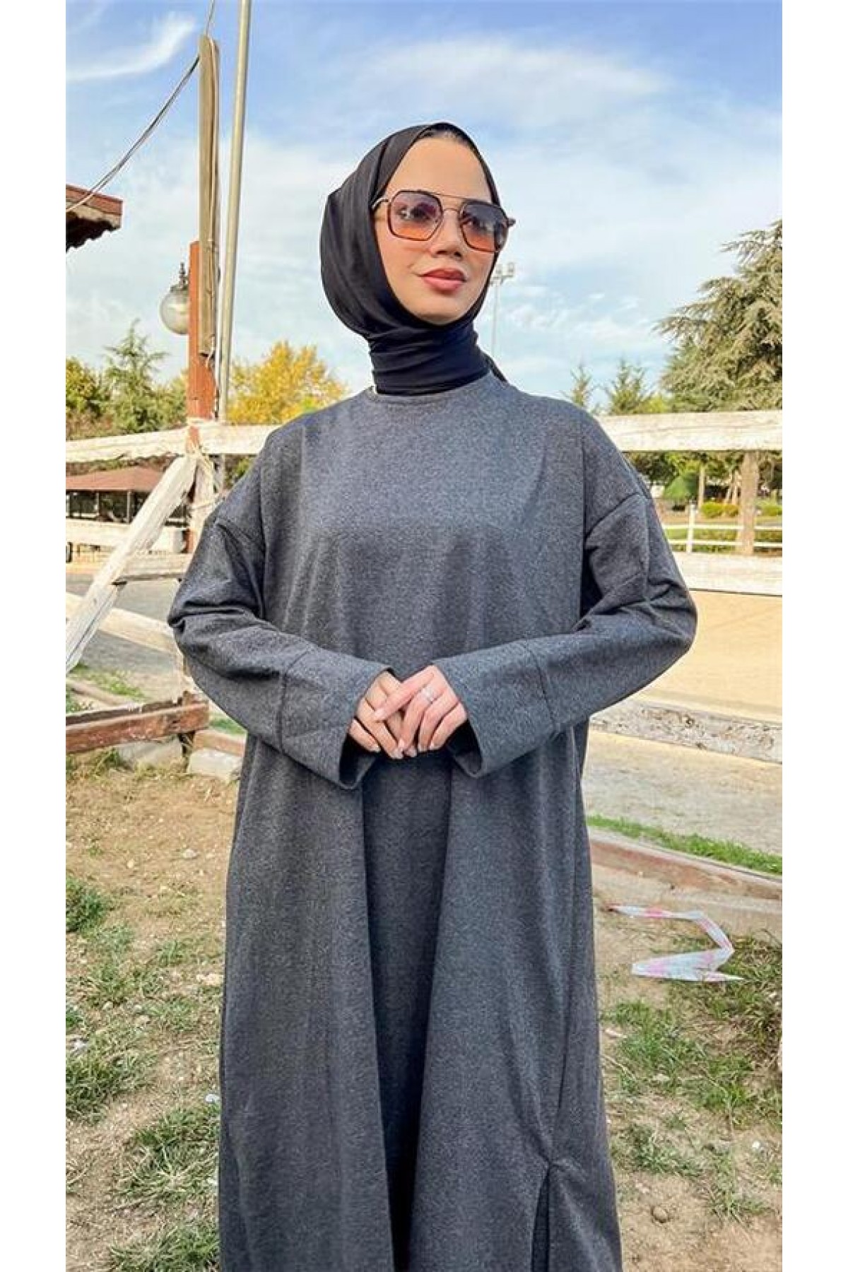 O Yaka Yırtmançlı Uzun Geniş Rahat Tunik Pantolon Sade Basic Spor Takımı 
