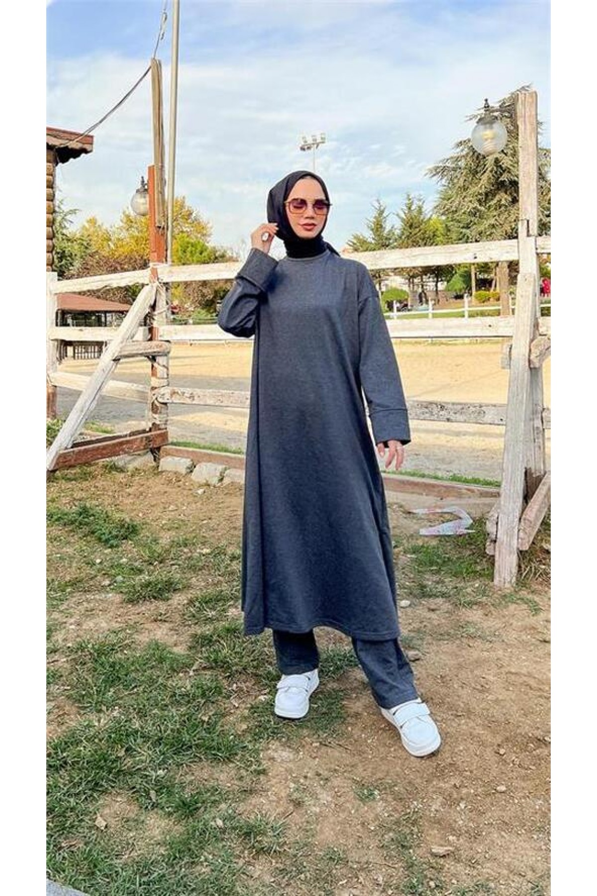 O Yaka Yırtmançlı Uzun Geniş Rahat Tunik Pantolon Sade Basic Spor Takımı 