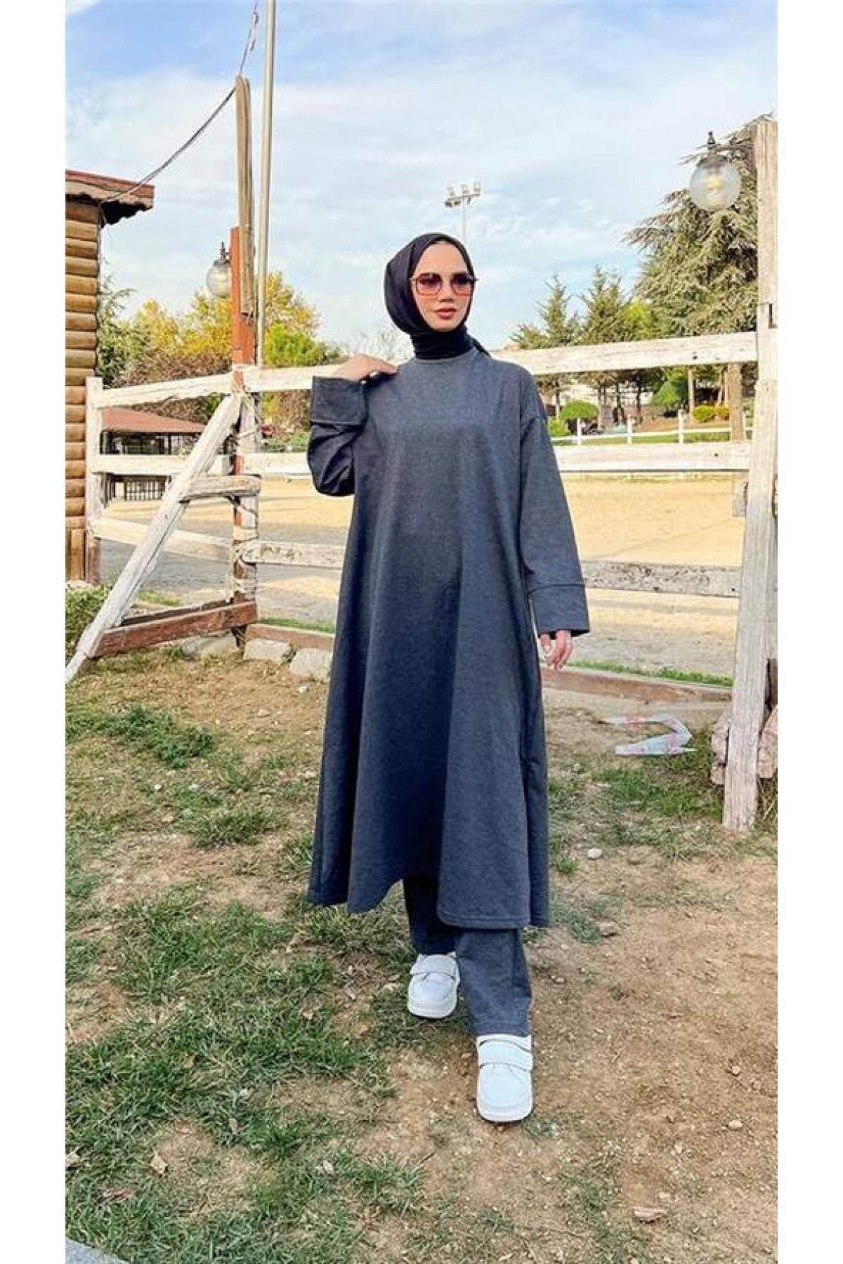 O Yaka Yırtmançlı Uzun Geniş Rahat Tunik Pantolon Sade Basic Spor Takımı 