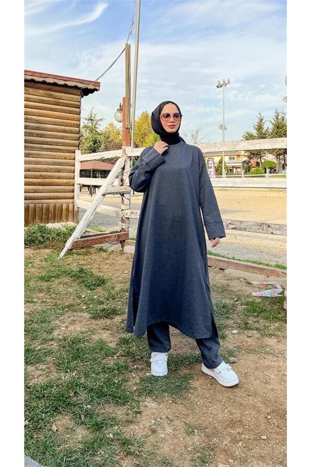 O Yaka Yırtmançlı Uzun Geniş Rahat Tunik Pantolon Sade Basic Spor Takımı 