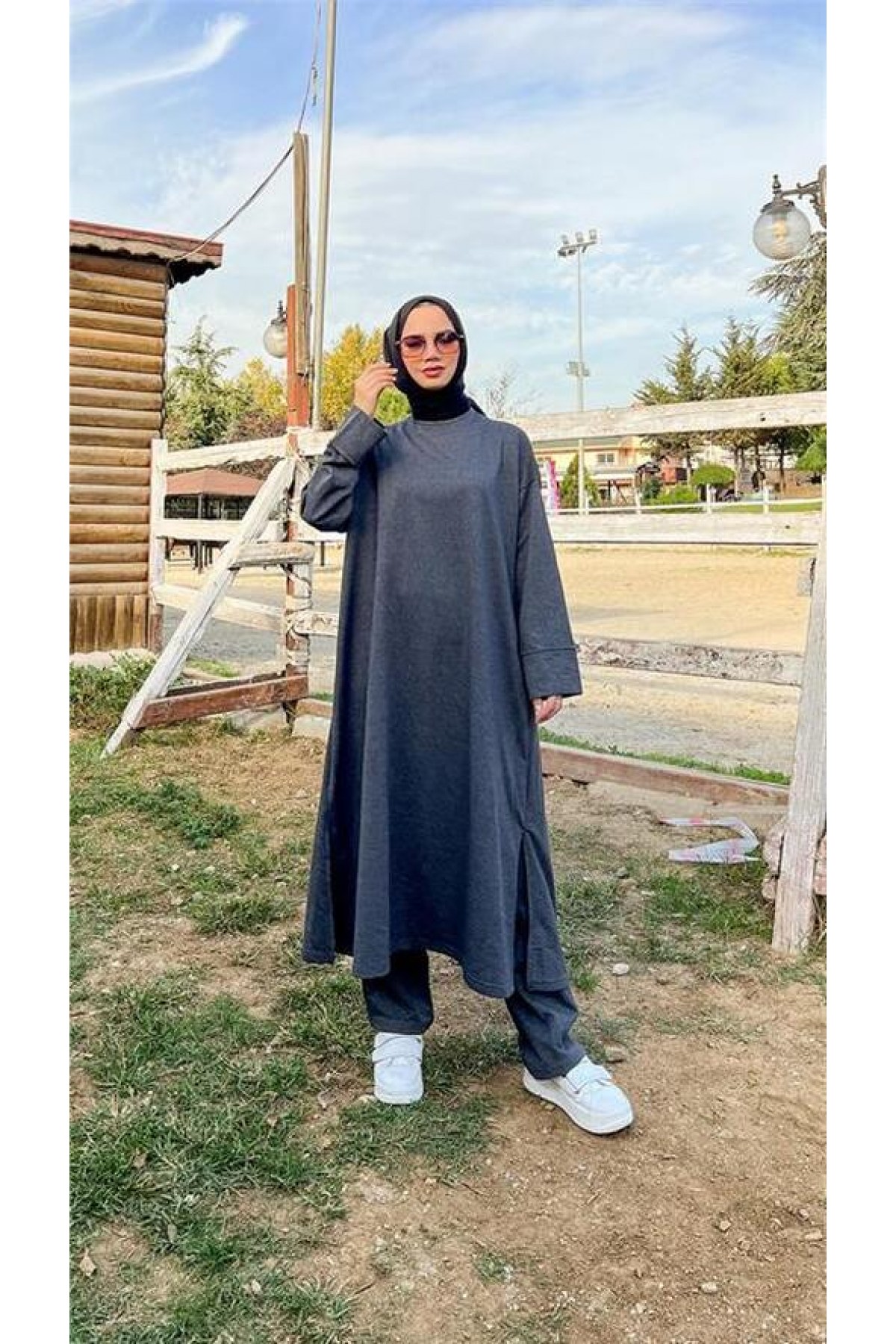 O Yaka Yırtmançlı Uzun Geniş Rahat Tunik Pantolon Sade Basic Spor Takımı 