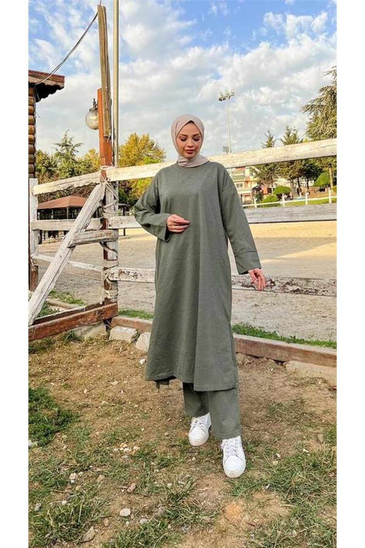 O Yaka Yırtmançlı Uzun Geniş Rahat Tunik Pantolon Sade Basic Spor Takımı 