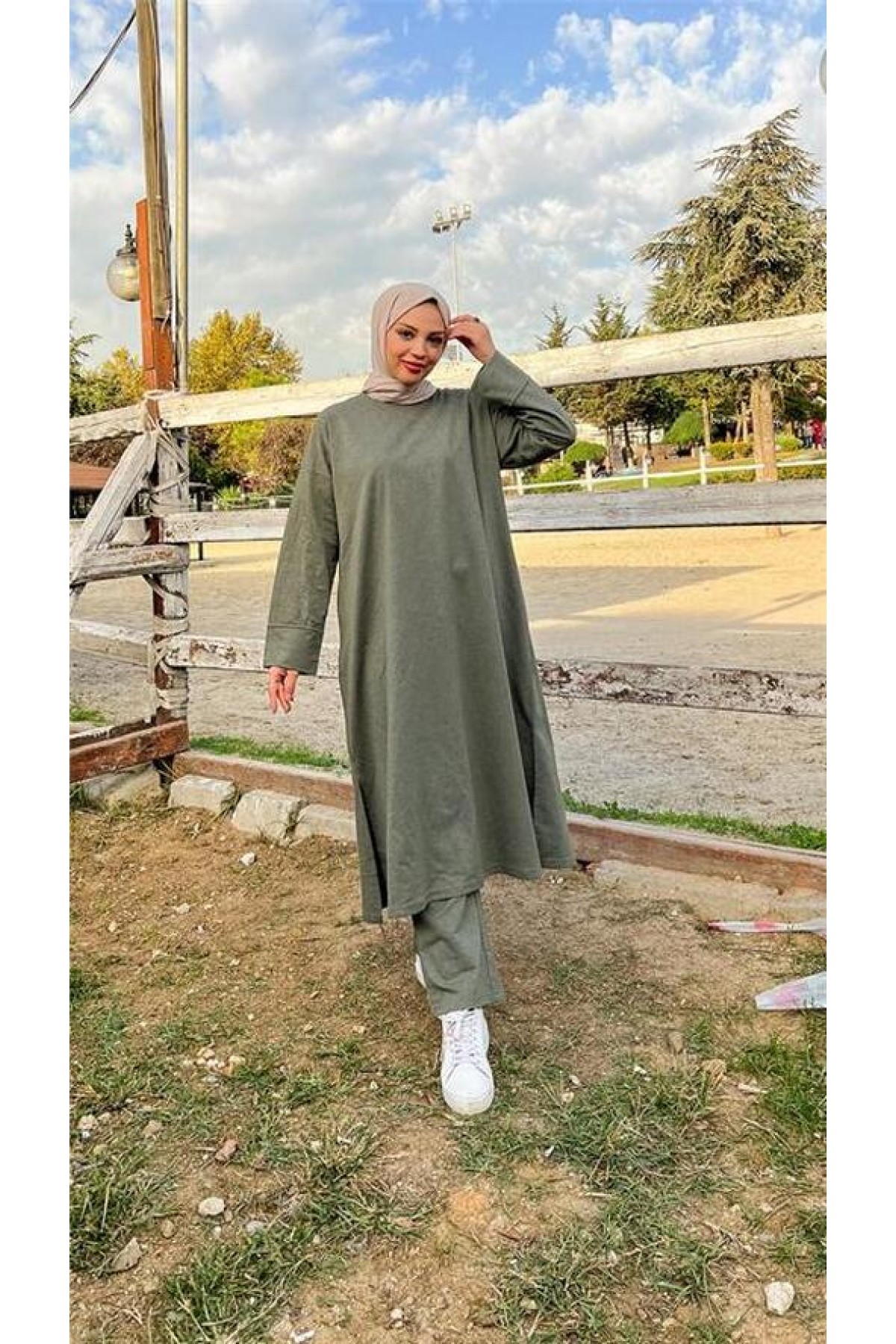 O Yaka Yırtmançlı Uzun Geniş Rahat Tunik Pantolon Sade Basic Spor Takımı 