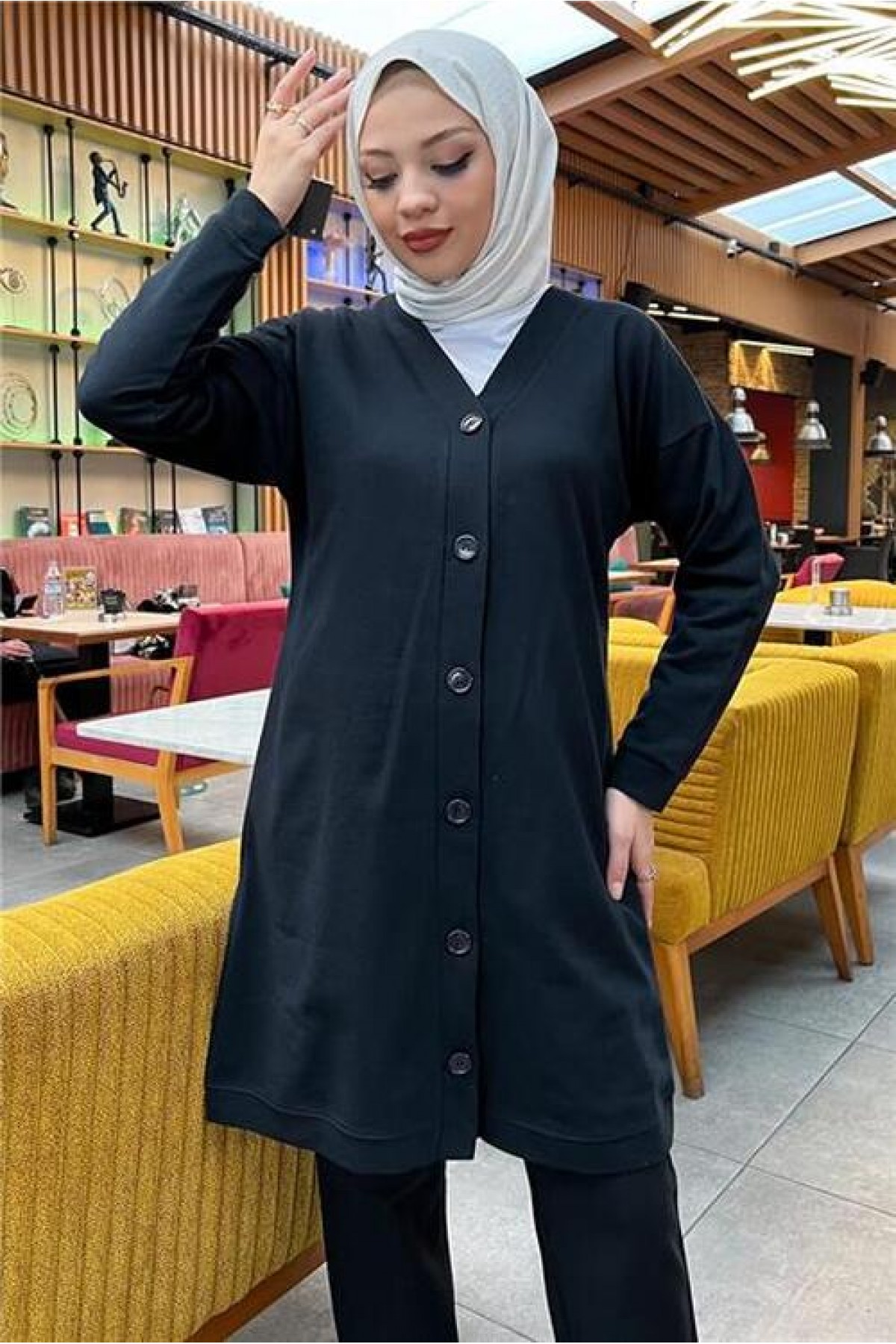 Buttoned V-Neck Simple Basic Tracksuit Sport Two-Piece Set