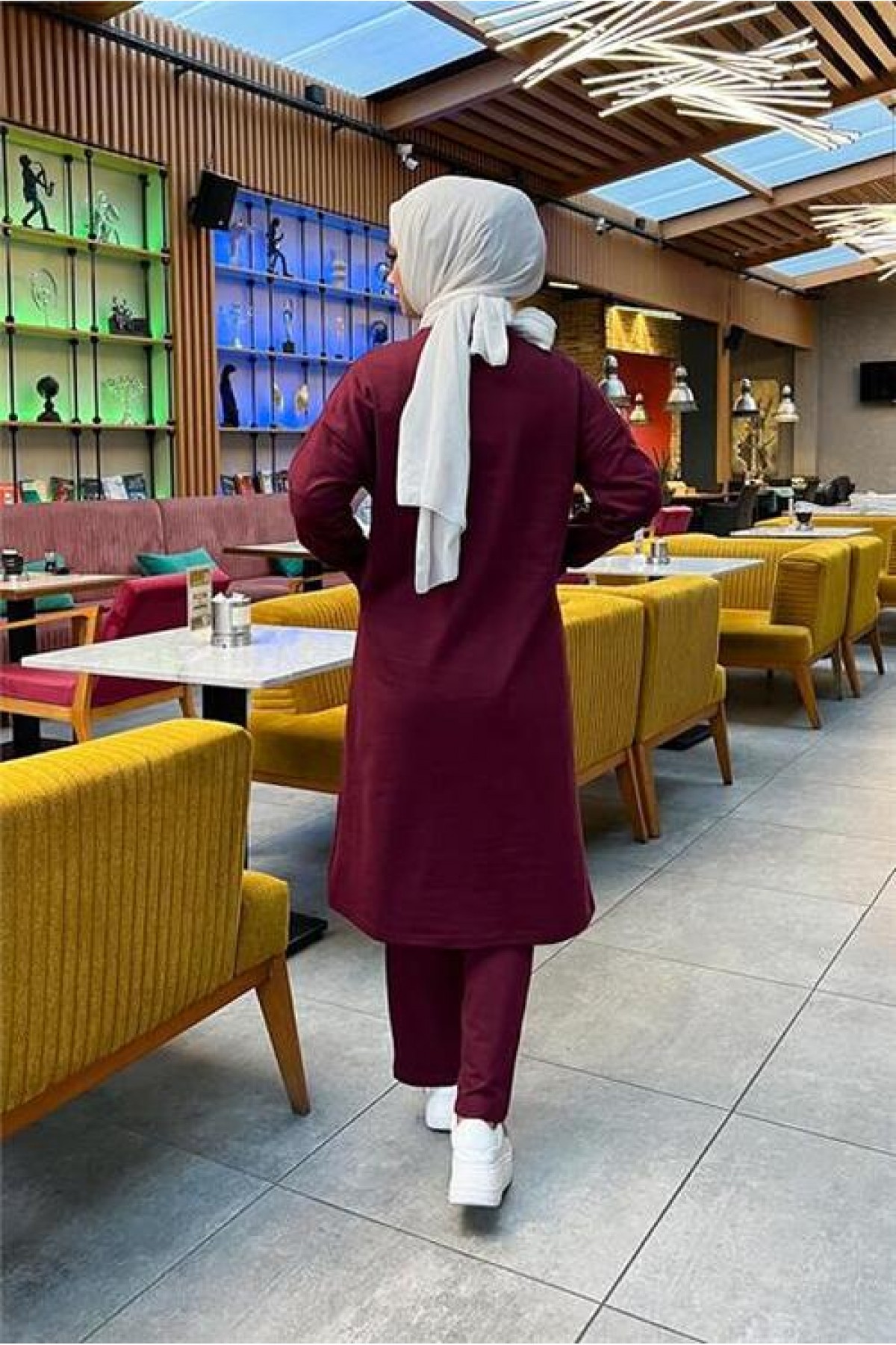 Simple Basic Long Tunic and Pants Two-Piece Sport Set with Two Front Pockets