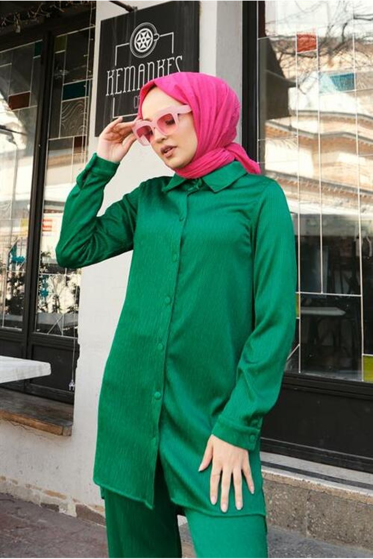 Ada Pleated Buttoned Simple Basic Shirt and Trousers Two-Piece Set