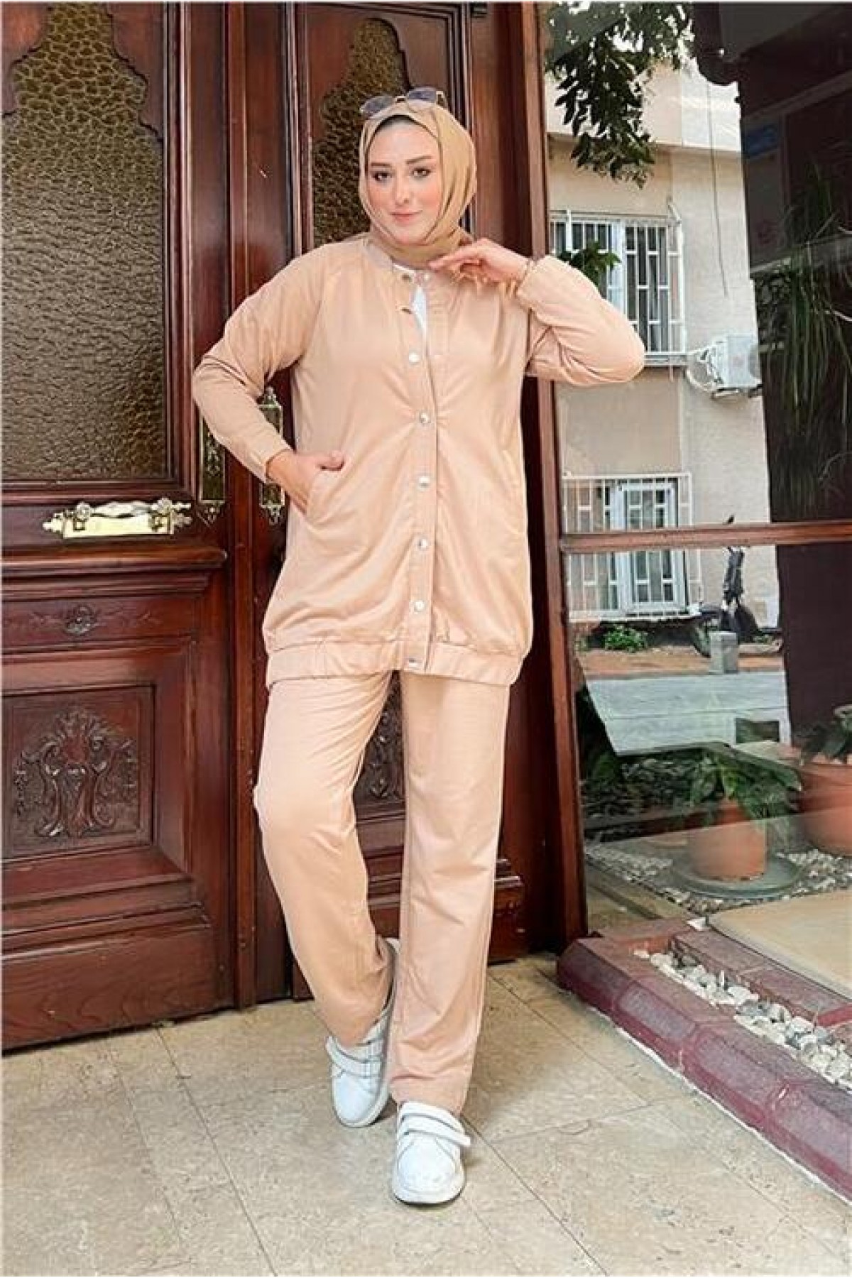 Two-Piece Simple Basic Tracksuit Sport Set with Snap Buttons and Side Pockets