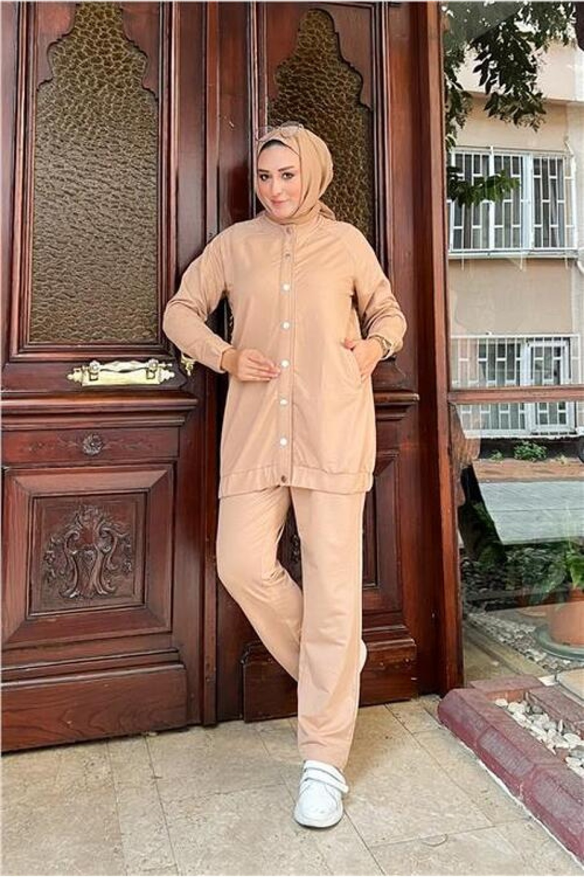 Two-Piece Simple Basic Tracksuit Sport Set with Snap Buttons and Side Pockets