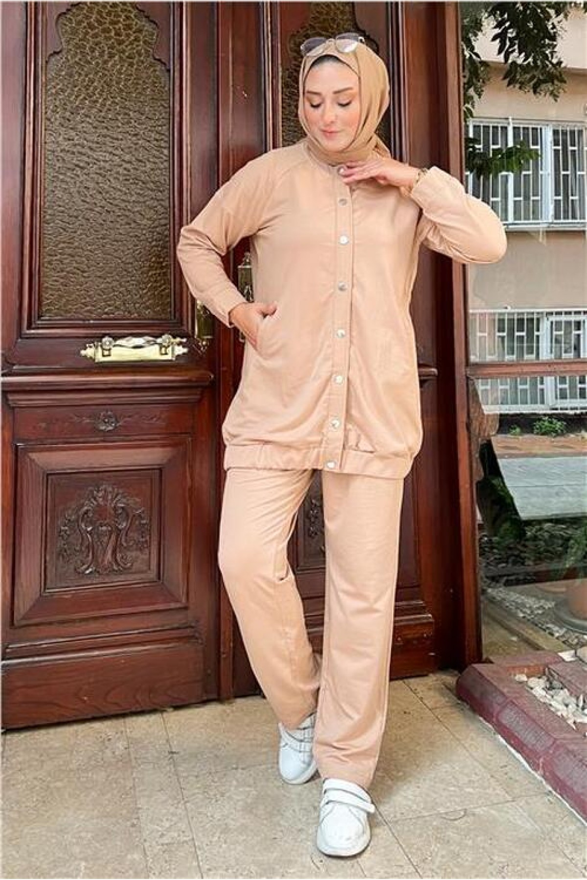 Two-Piece Simple Basic Tracksuit Sport Set with Snap Buttons and Side Pockets