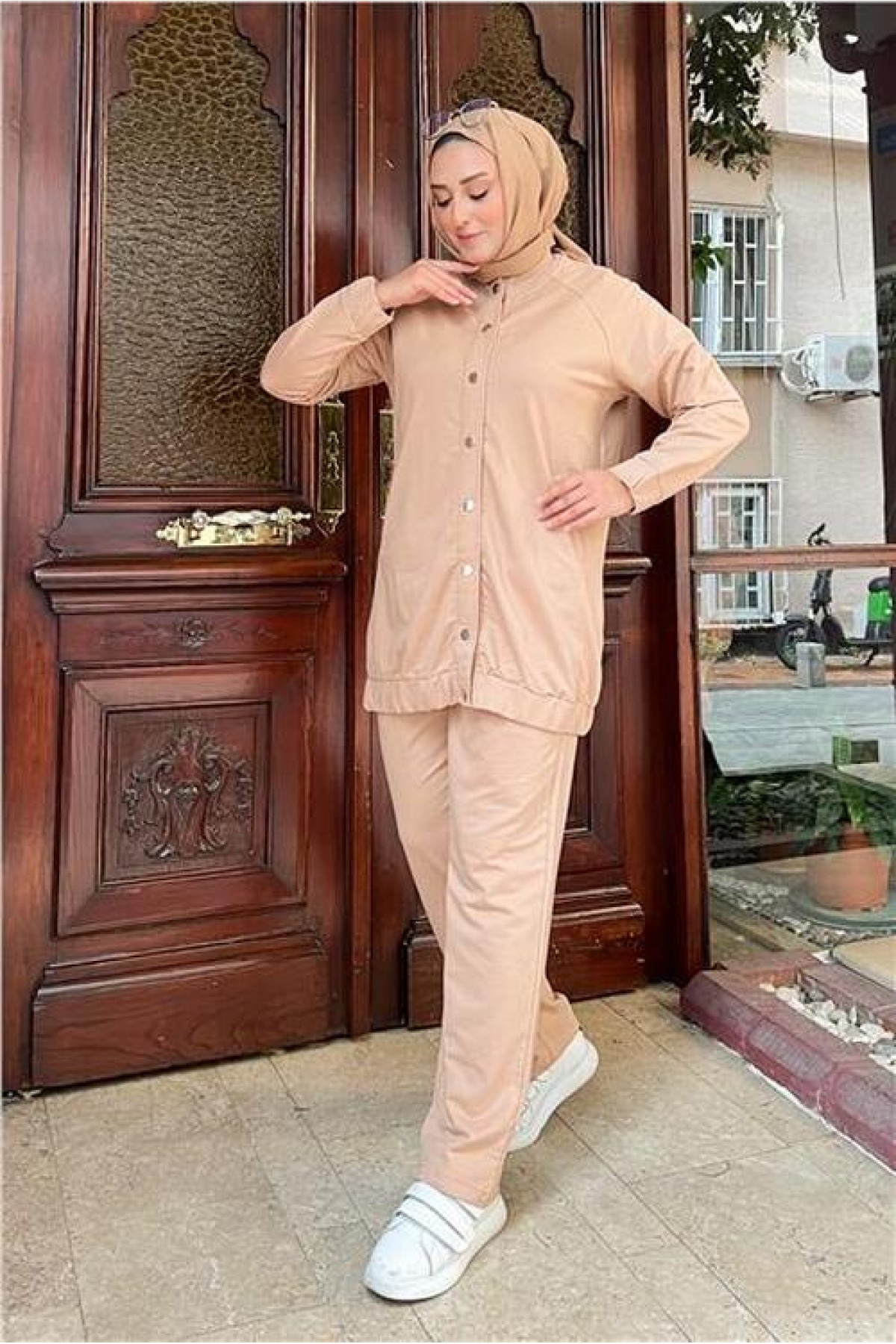Two-Piece Simple Basic Tracksuit Sport Set with Snap Buttons and Side Pockets