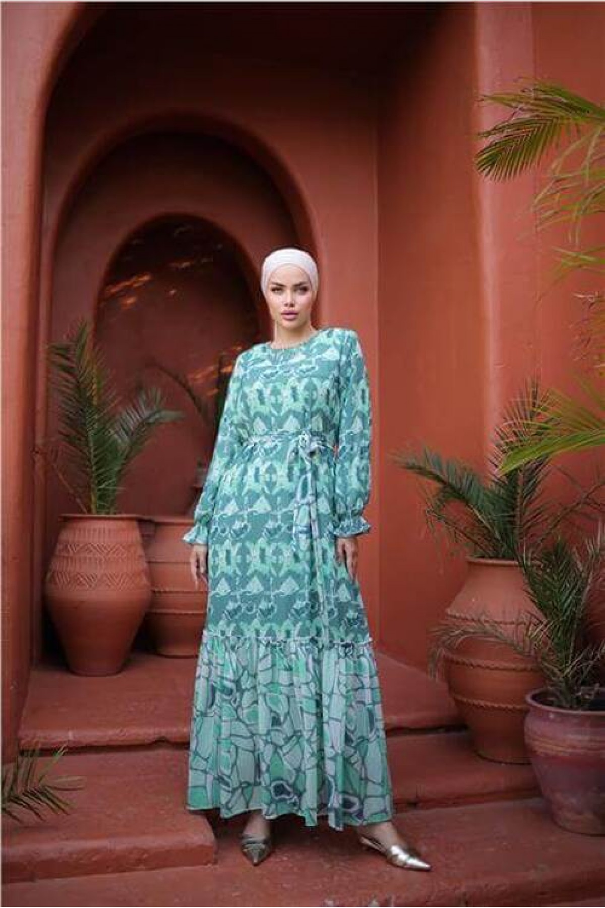 Long Chiffon Dress with Beaded Accessories and Waist Tie, Patterned
