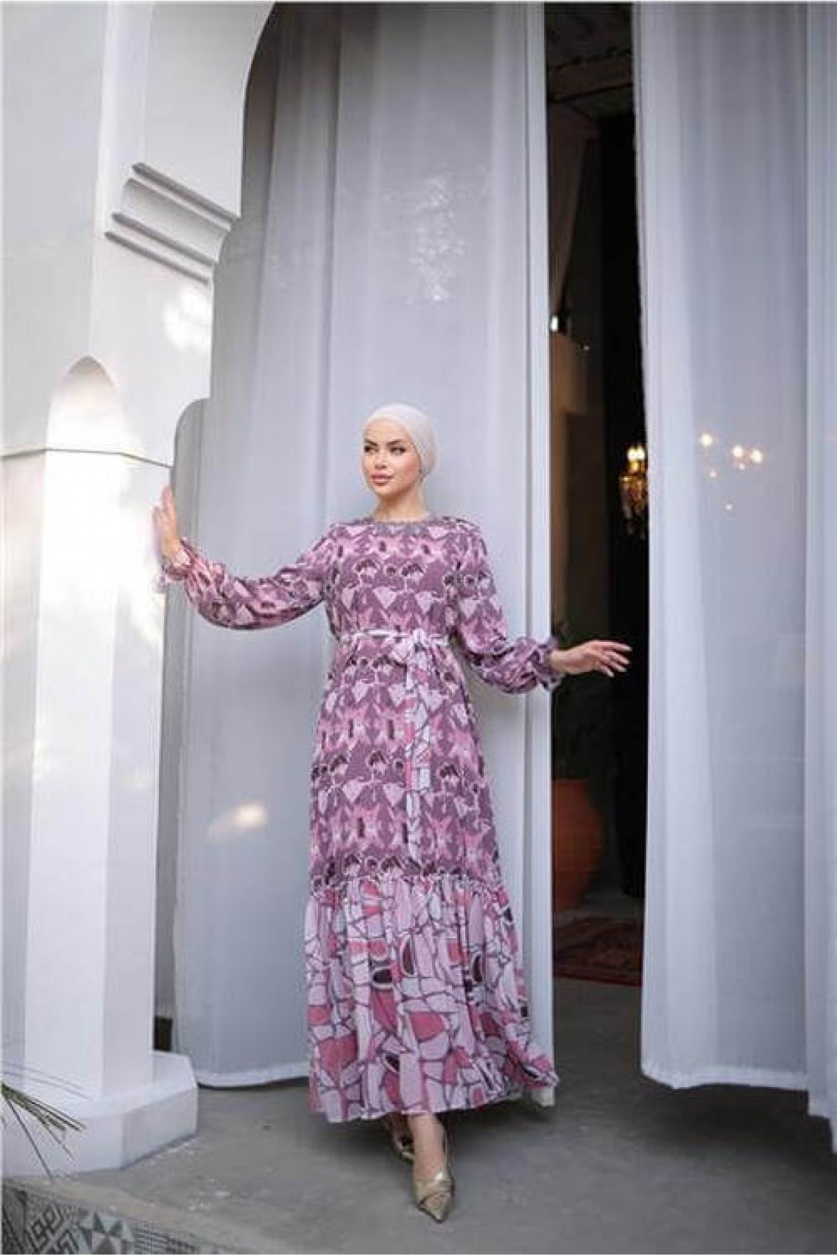 Long Chiffon Dress with Beaded Accessories and Waist Tie, Patterned