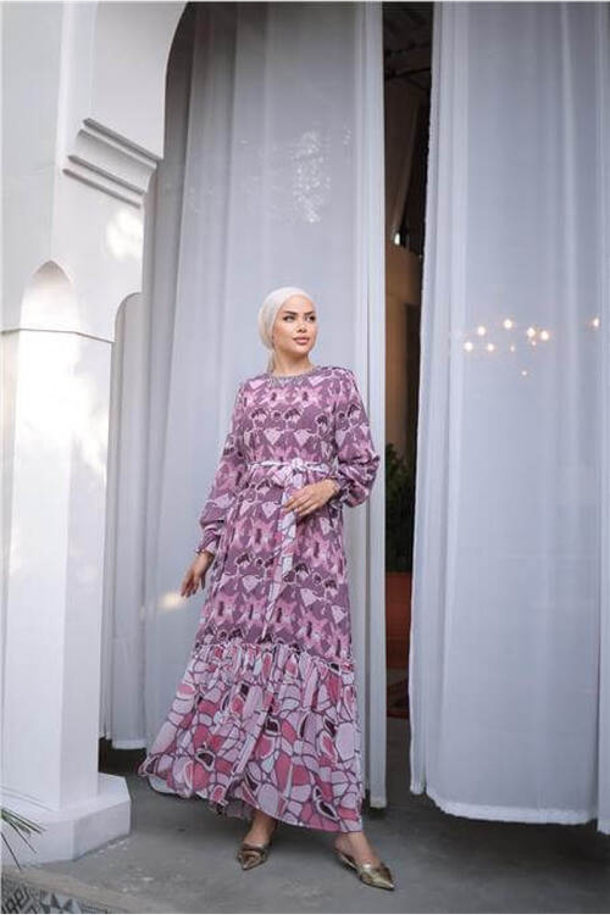 Long Chiffon Dress with Beaded Accessories and Waist Tie, Patterned