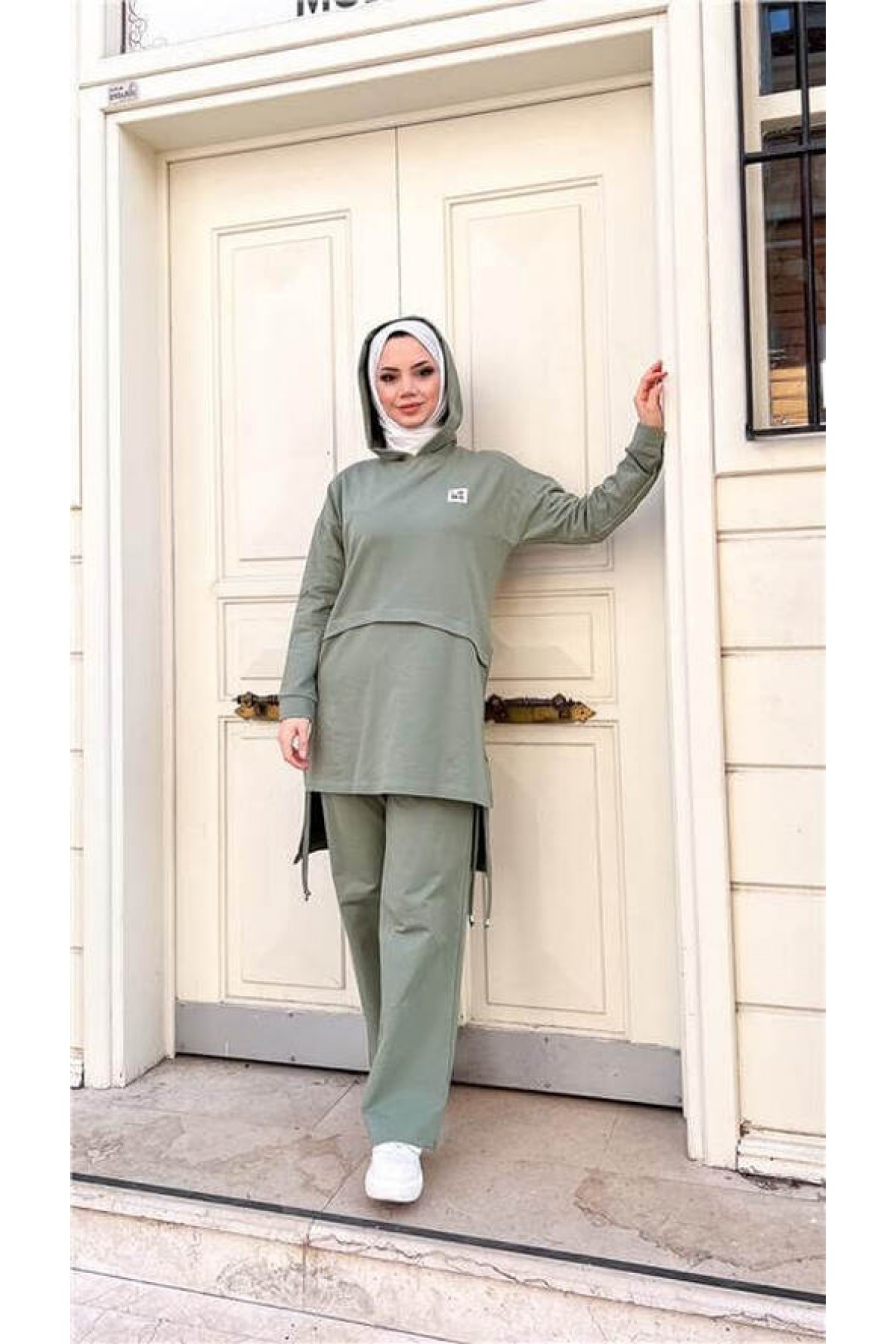 Hooded, Slit, Drawstring Detail Cotton Modest Tracksuit Set