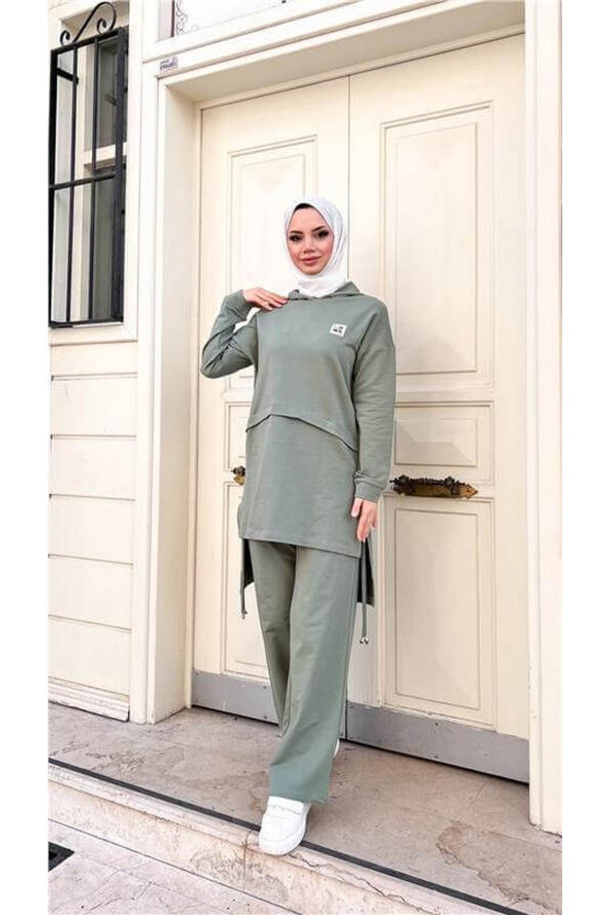 Hooded, Slit, Drawstring Detail Cotton Modest Tracksuit Set