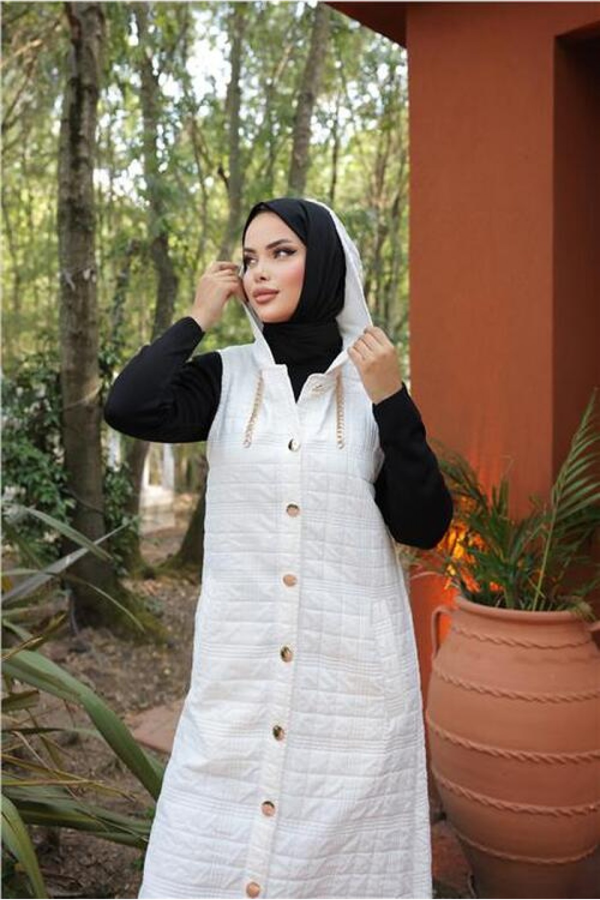 Hooded, Snap Button, Sleeveless, Long Quilted Vest with Pockets