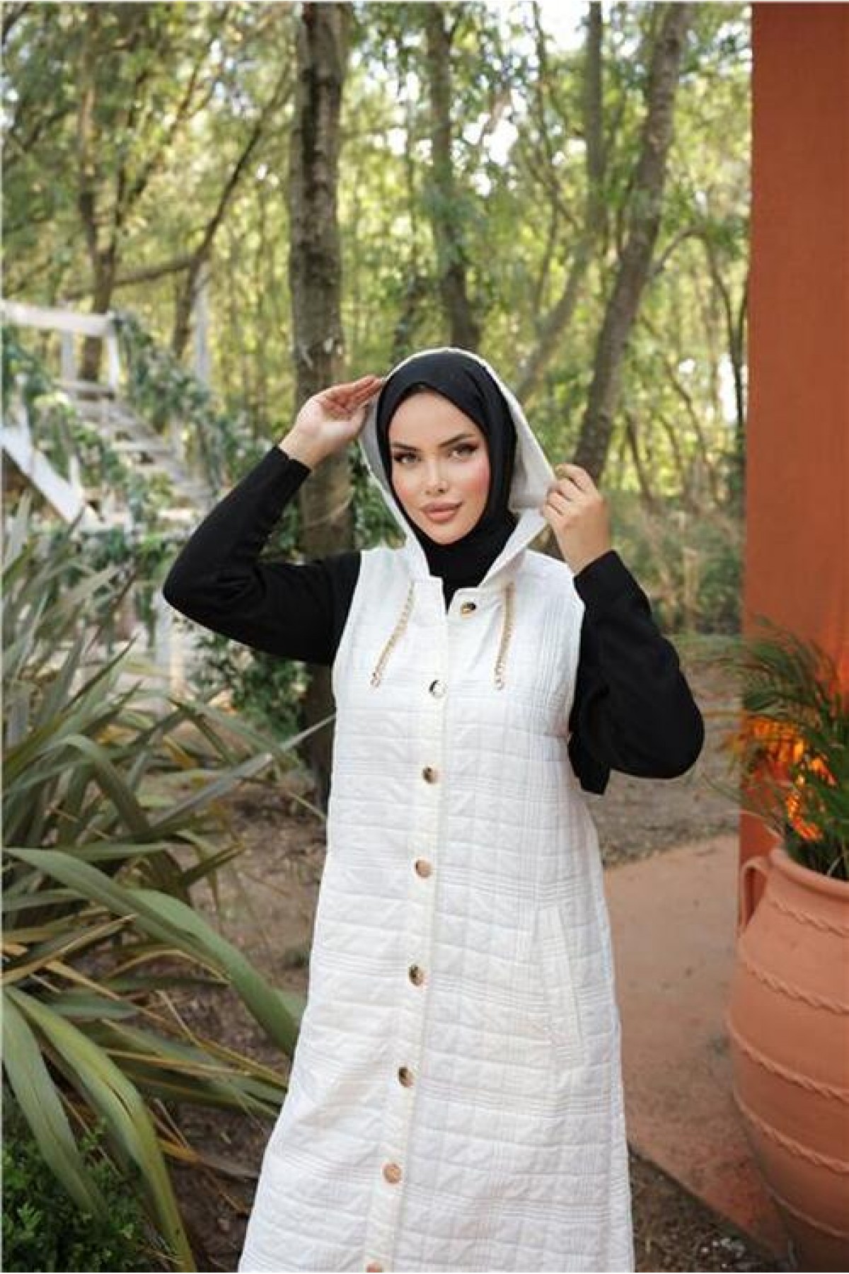 Hooded, Snap Button, Sleeveless, Long Quilted Vest with Pockets
