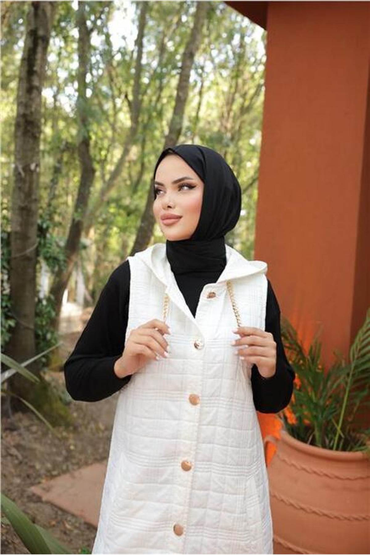 Hooded, Snap Button, Sleeveless, Long Quilted Vest with Pockets