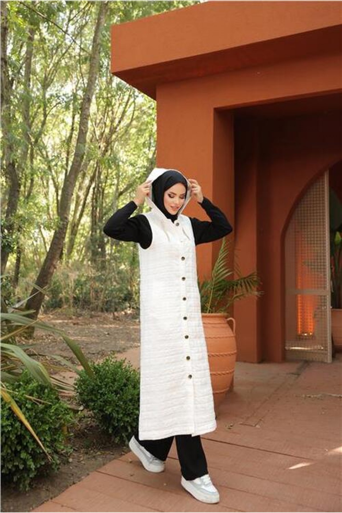 Hooded, Snap Button, Sleeveless, Long Quilted Vest with Pockets