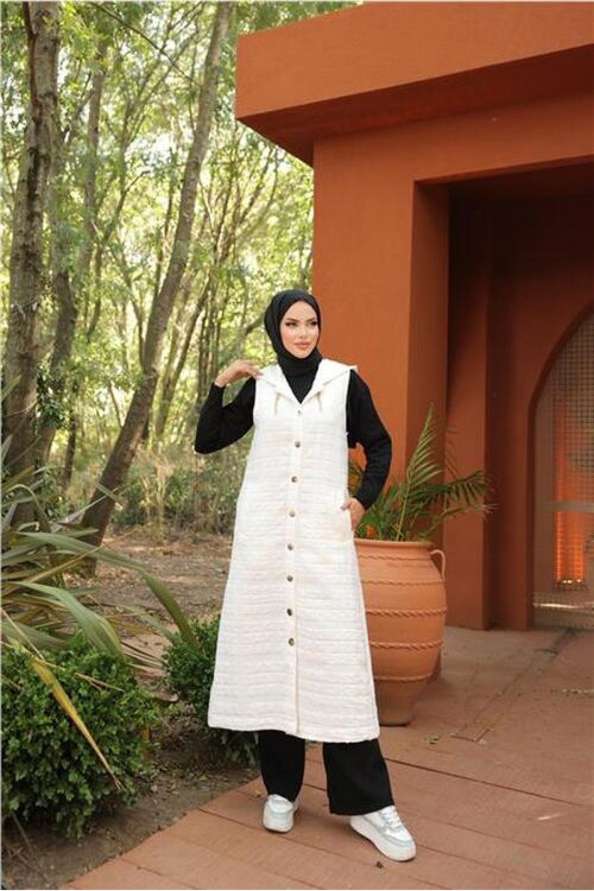 Hooded, Snap Button, Sleeveless, Long Quilted Vest with Pockets