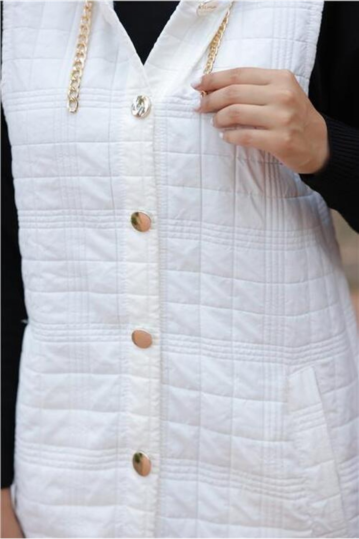 Hooded, Snap Button, Sleeveless, Long Quilted Vest with Pockets