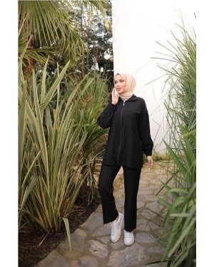 Fermuarlı Yaka Cepkli Kısa İkili Tesettür Eşofman Takımı 