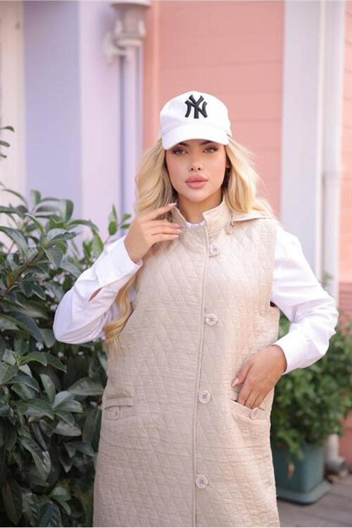 Sleeveless Long Quilted Vest with Pockets and Buttons