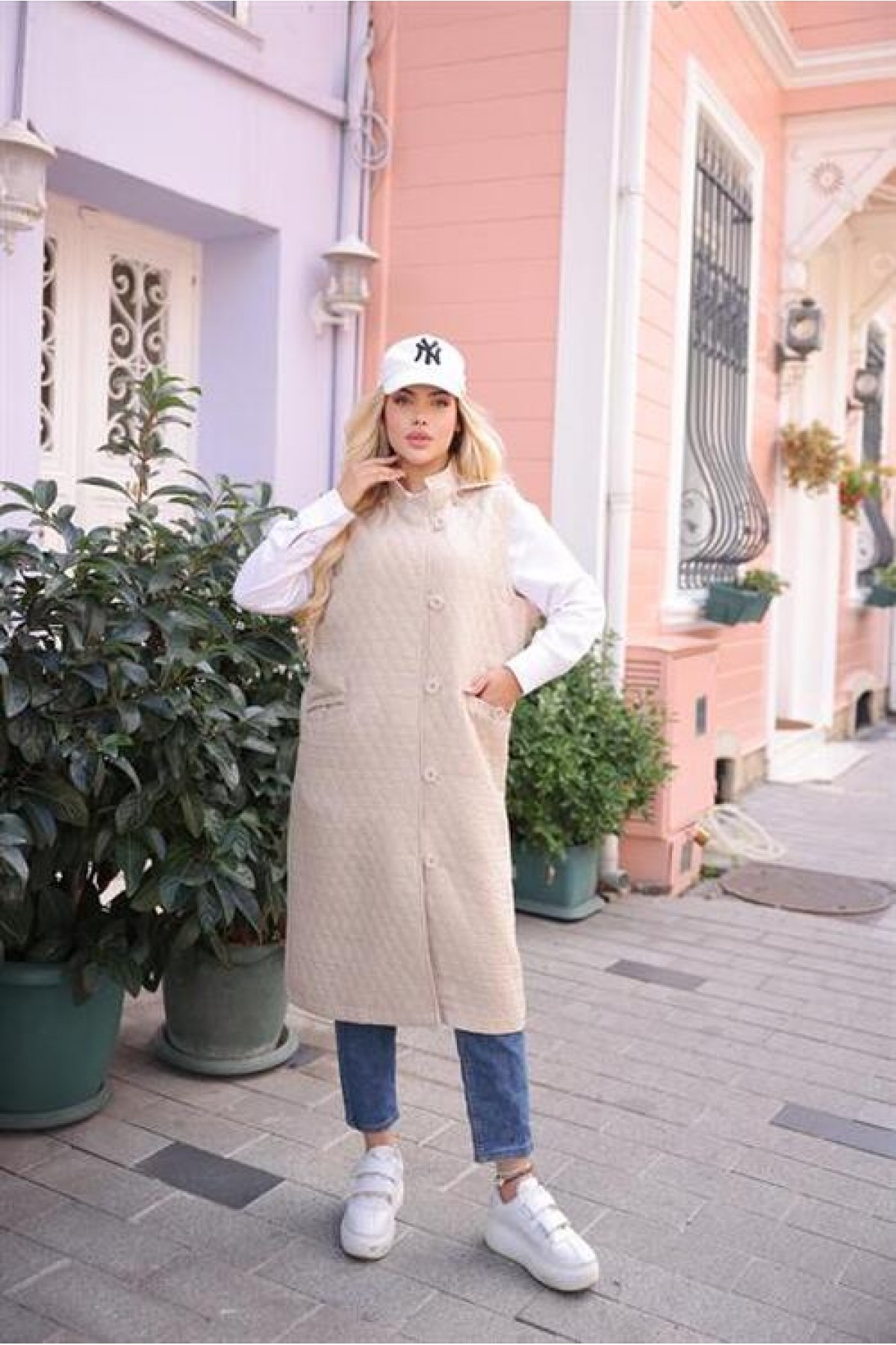 Sleeveless Long Quilted Vest with Pockets and Buttons