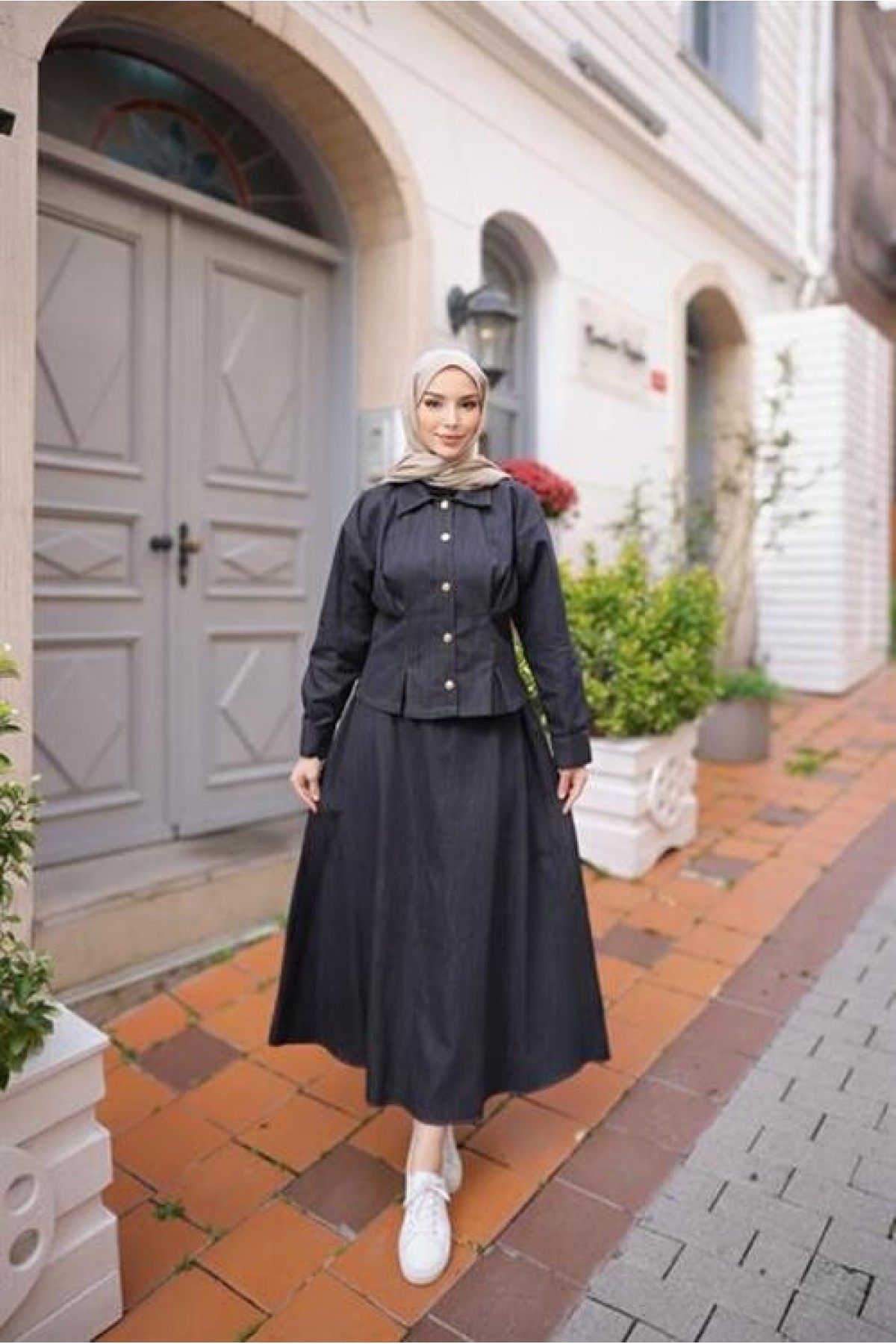 Snap-Button Shirt Collar Two-Piece Hijab Denim Skirt Set