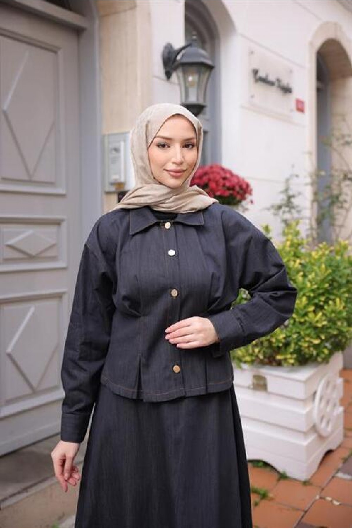 Snap-Button Shirt Collar Two-Piece Hijab Denim Skirt Set