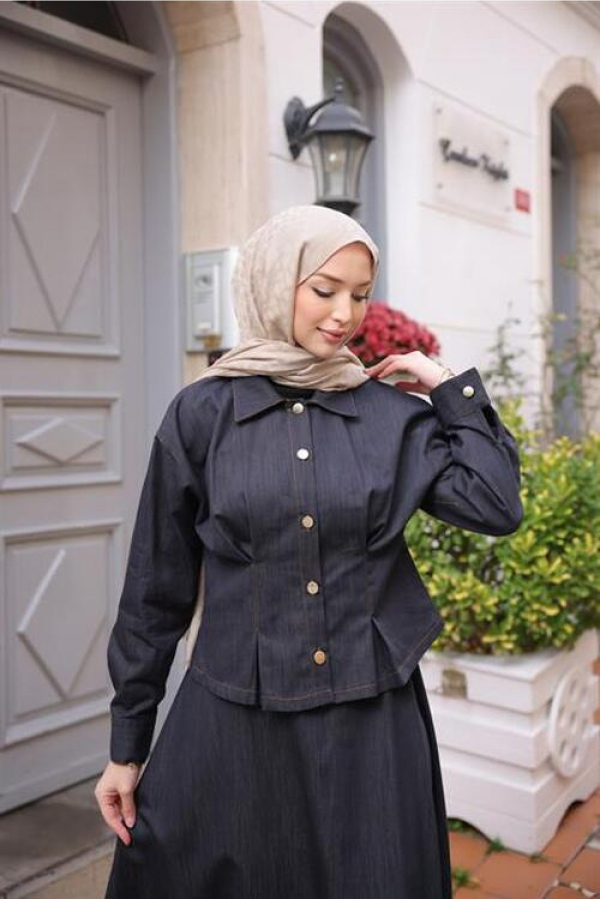 Snap-Button Shirt Collar Two-Piece Hijab Denim Skirt Set