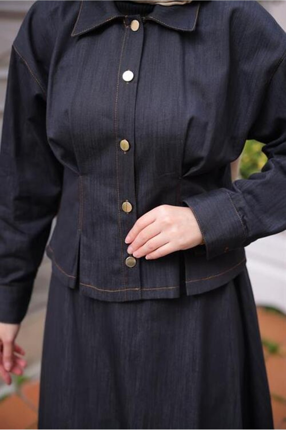 Snap-Button Shirt Collar Two-Piece Hijab Denim Skirt Set detay görseli
