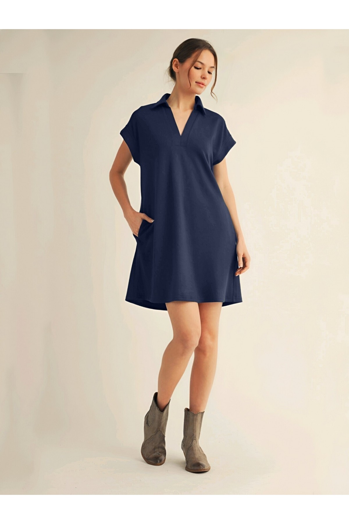 Shirt Collar Pocketed Single Jersey Combed Cotton Dress -Navy blue