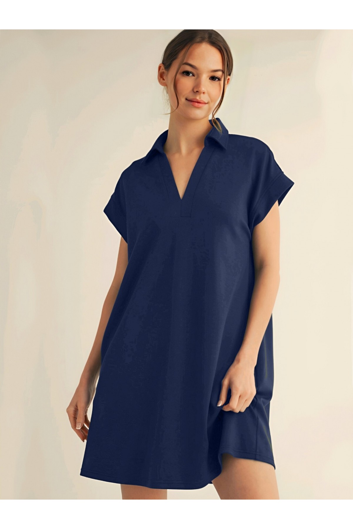 Shirt Collar Pocketed Single Jersey Combed Cotton Dress -Navy blue