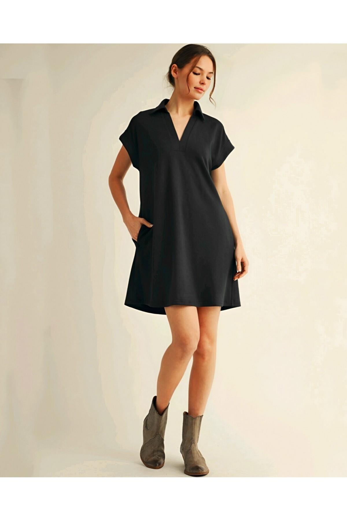 Shirt Collar Pocketed Single Jersey Combed Cotton Dress -Black