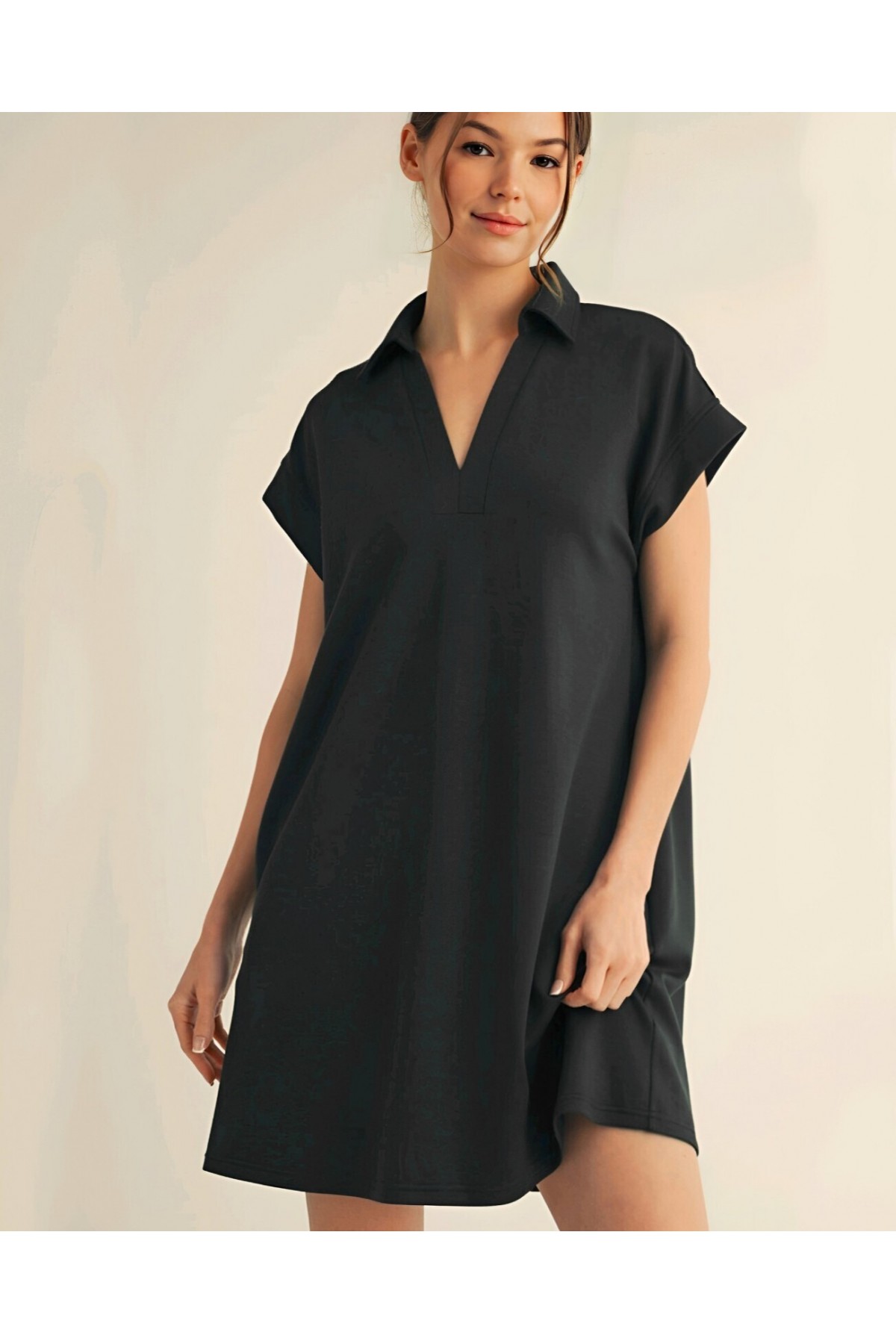 Shirt Collar Pocketed Single Jersey Combed Cotton Dress -Black