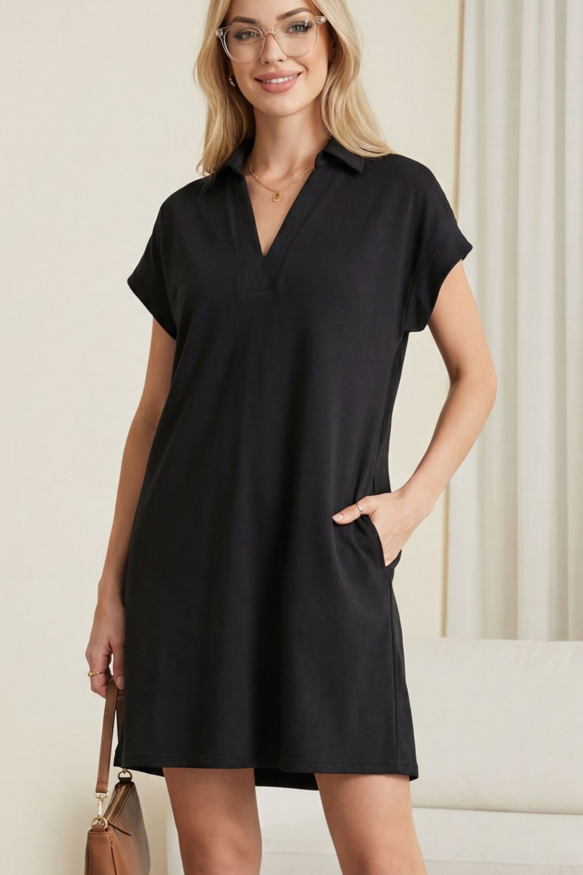 Shirt Collar Pocketed Single Jersey Combed Cotton Dress -Black