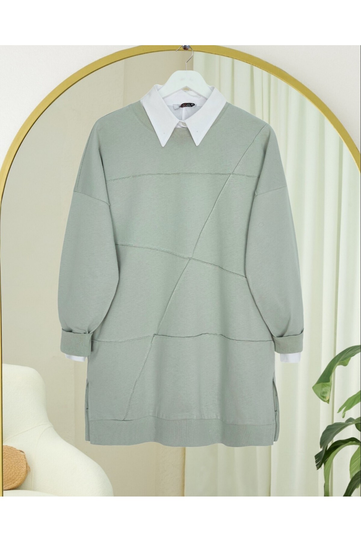 Round Neck, Slit, Loose Combed Cotton Tunic -Cagla Green