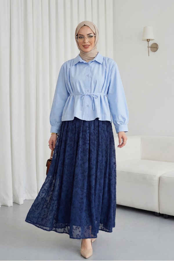 Shirt Blouse with Gathered Shoulders and Lace-up Detail -Baby Blue
