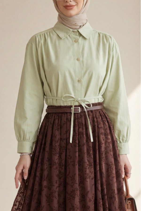 Shirt Blouse with Gathered Shoulders and Lace-up Detail -Olive