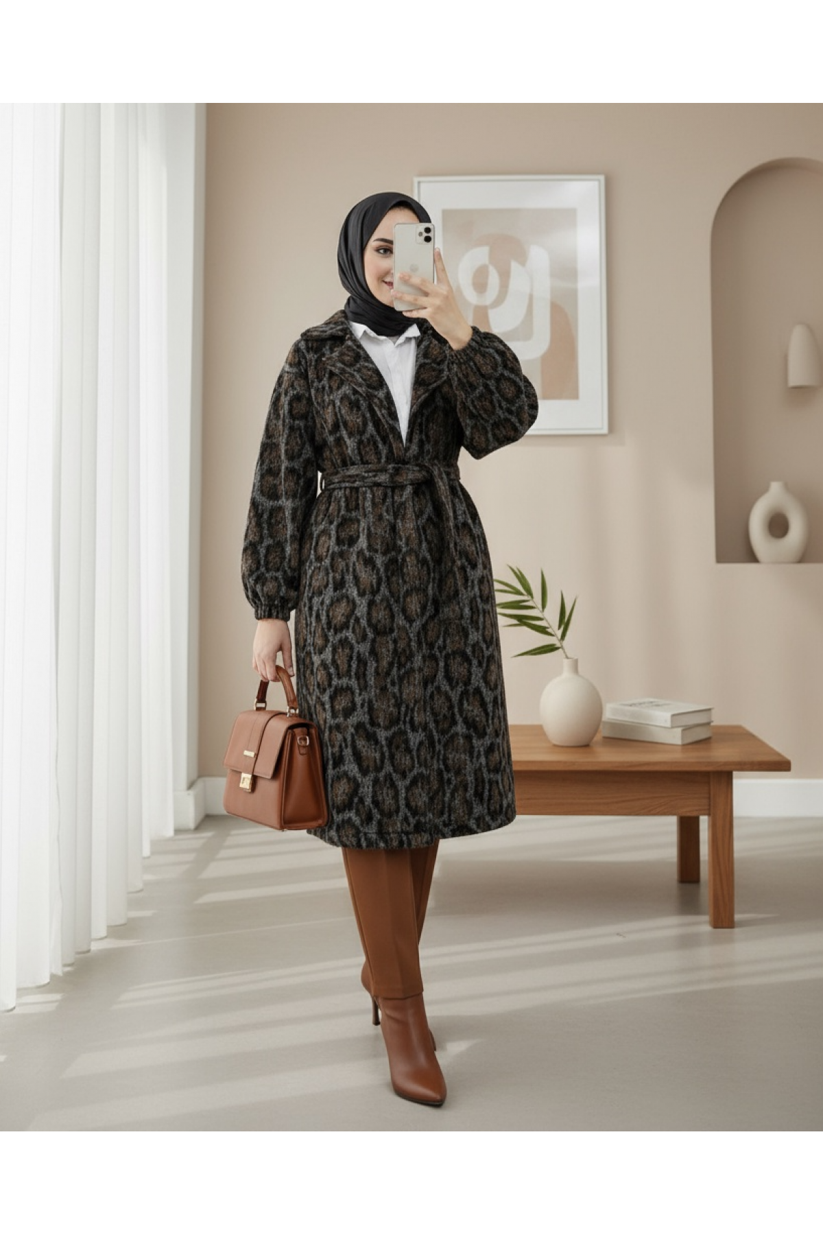 Kruvaze Yaka Kemerli Cepli Leopar Desen Kaşe Kap -Leopar