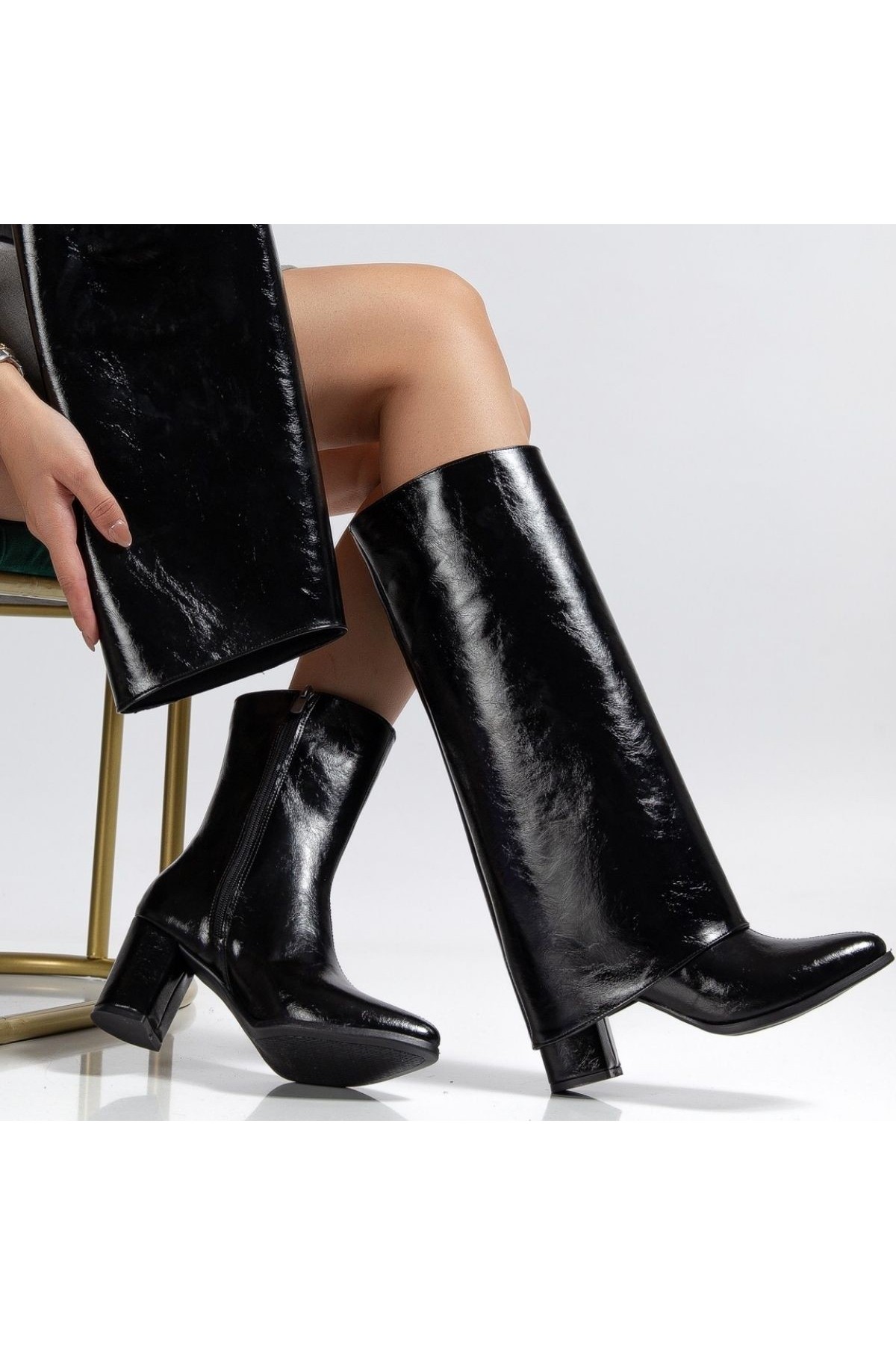 Wila Black Glossy Heeled Detachable Boots detay görseli