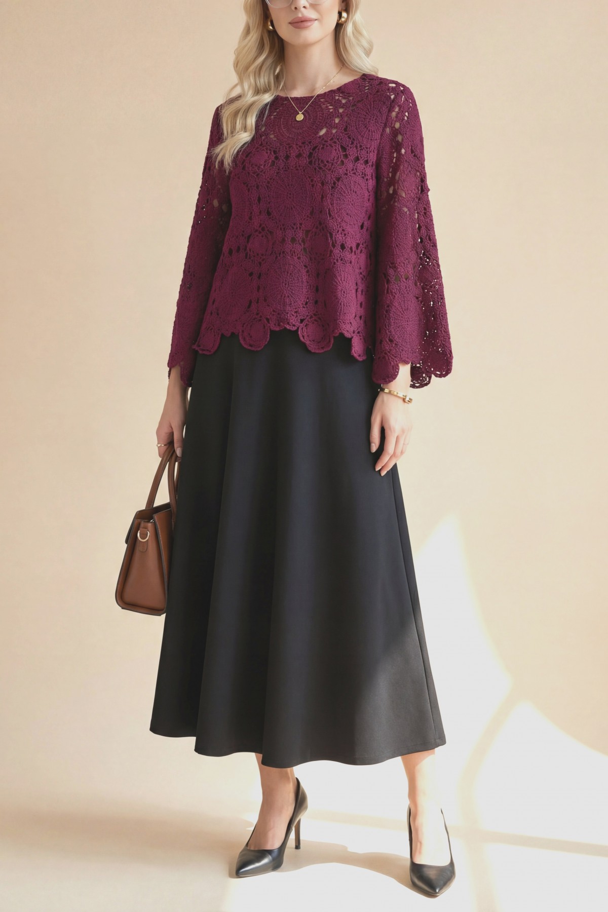 Round Neck Spanish Sleeve Knitted Blouse -Maroon